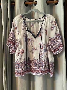 LOFT White Floral Peasant Top w/ Navy Trim and Rust Accents, Women’s Size Large
